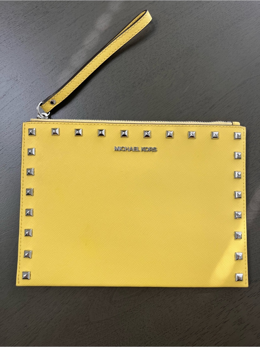 MICHAEL KORS Yellow Studded Wristlet Clutch with Silver Hardware